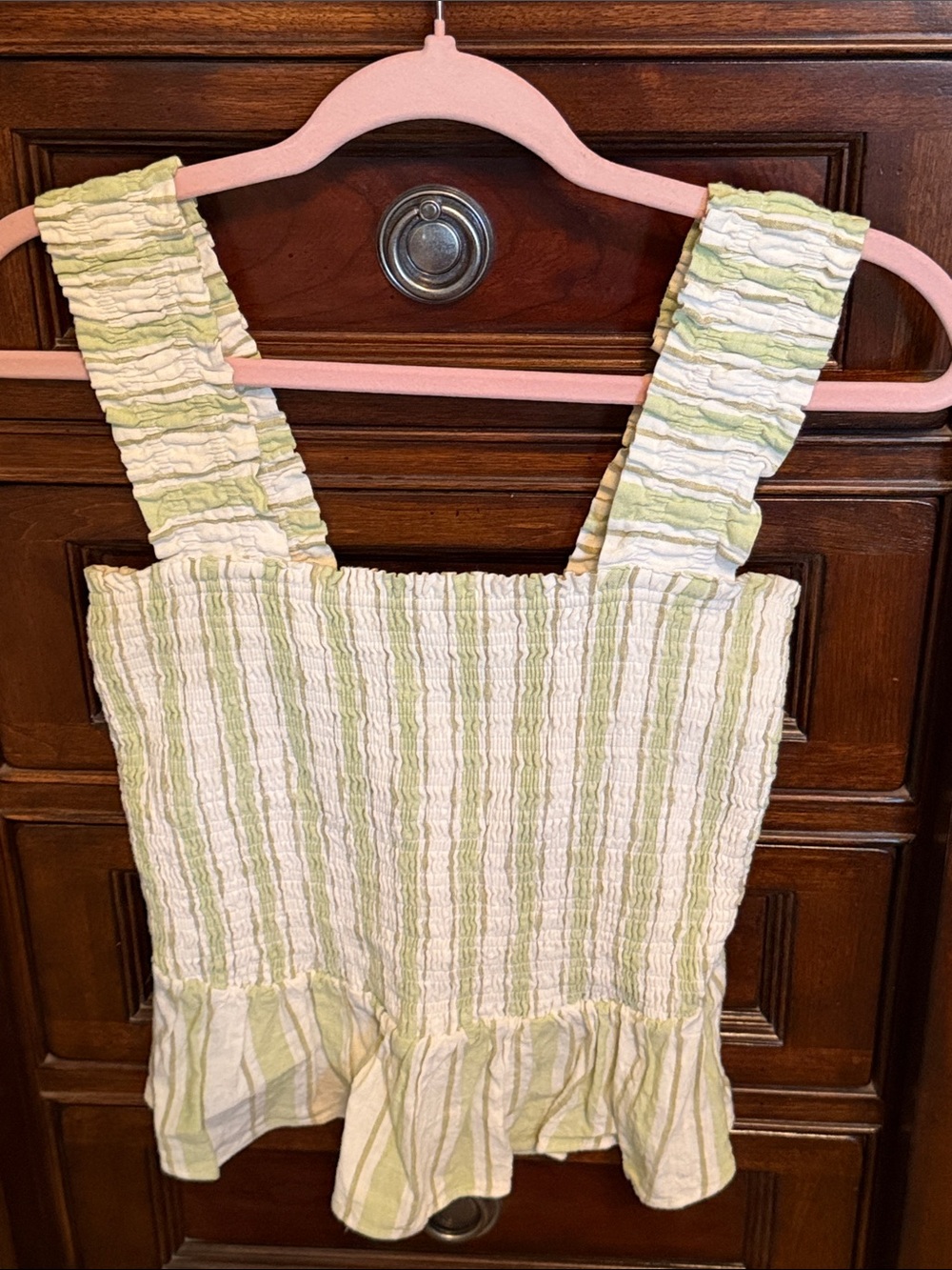 LC Lauren Conrad Light Green and White Smocked Tank with Ruffle Hem